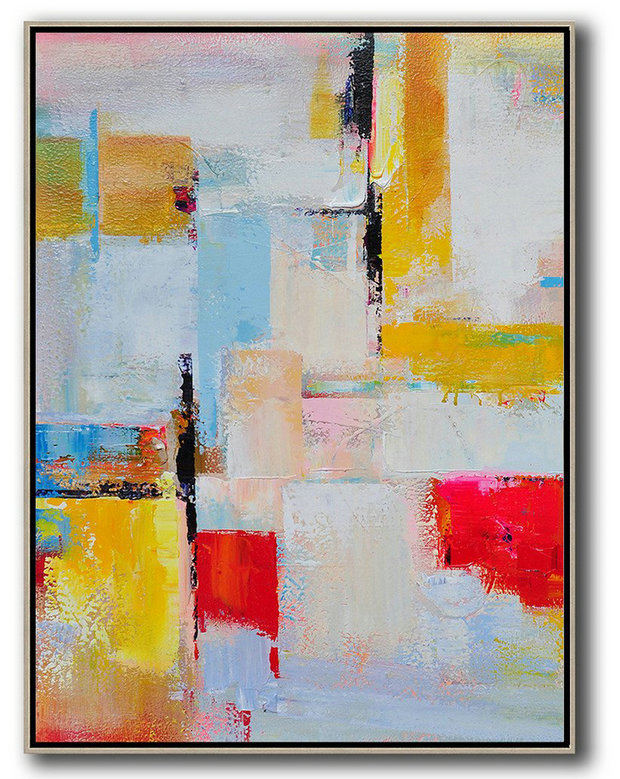 Vertical Palette Knife Contemporary Art,Original Art Acrylic Painting,Pink,Red,Yellow,Grey,Sky Blue
